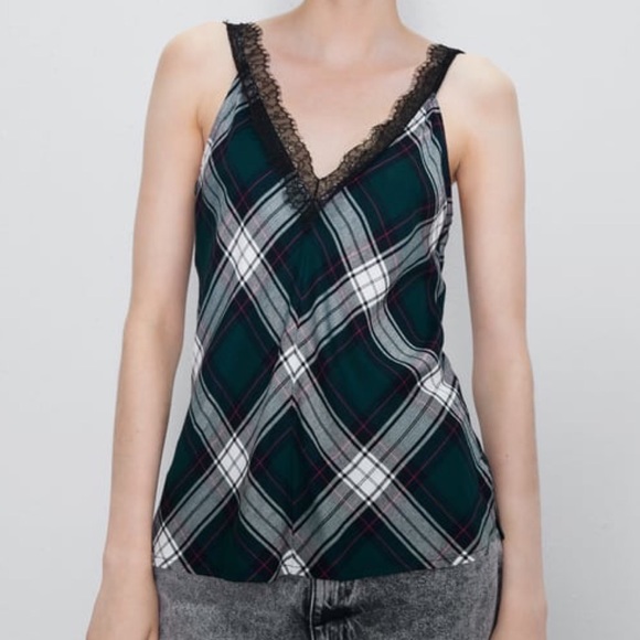 Zara NWT Plaid Lace Camisole Small Green Red Black Tank - Picture 10 of 13
